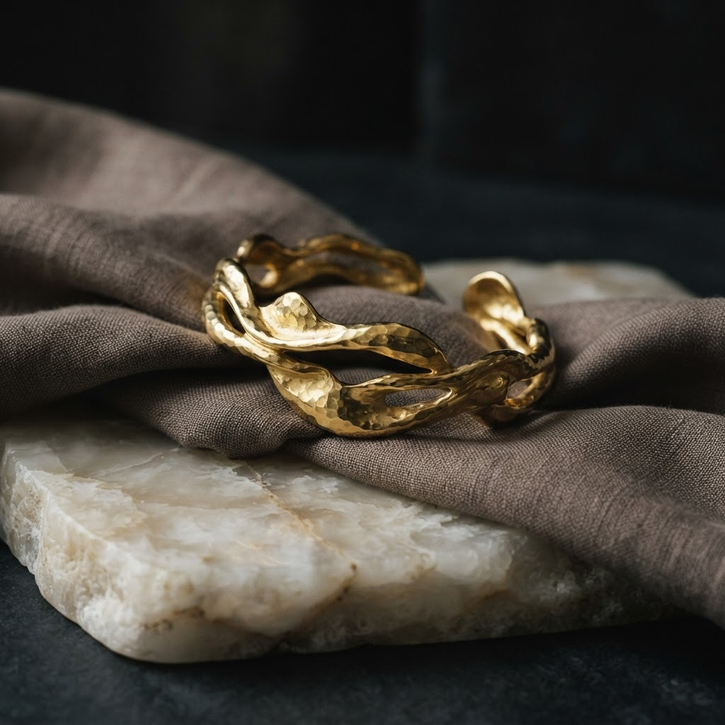 Gold bracelet on taupe silk
