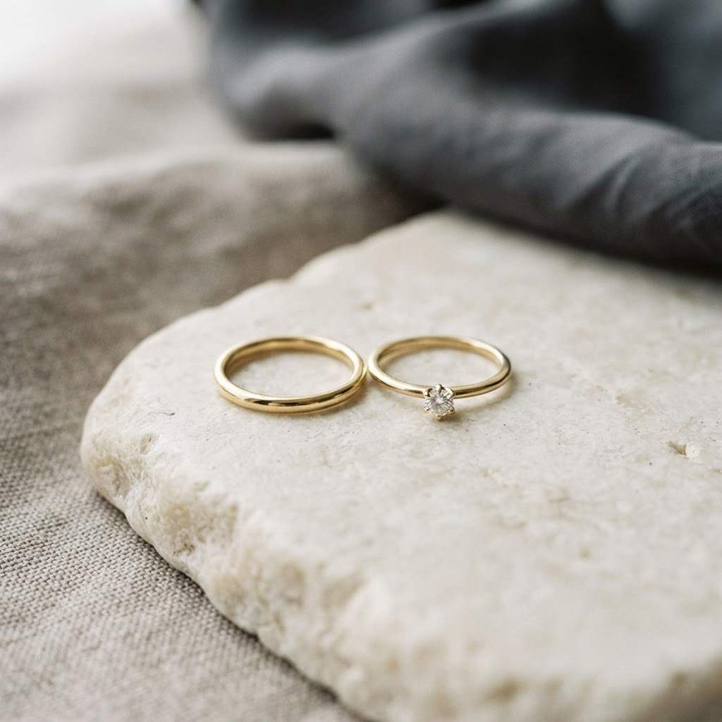 Delicate bridal rings on alabaster