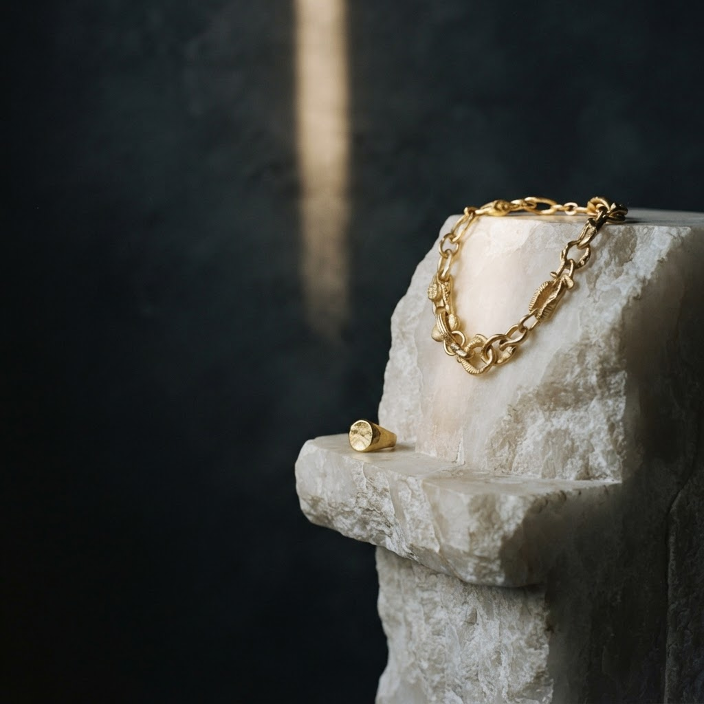 Sculptural gold jewellery arranged on an alabaster architectural form