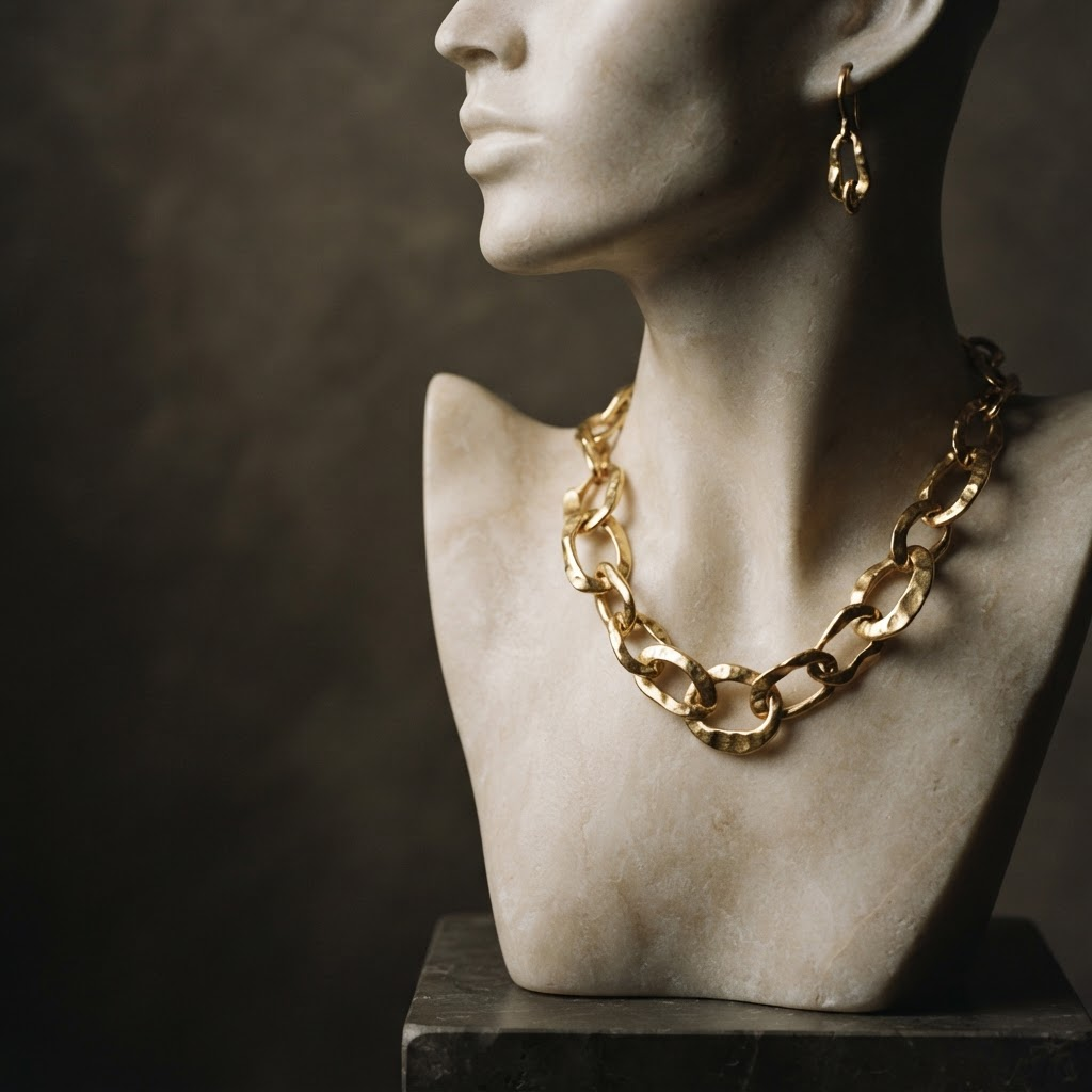 Sculptural gold jewellery arranged on a pale alabaster bust