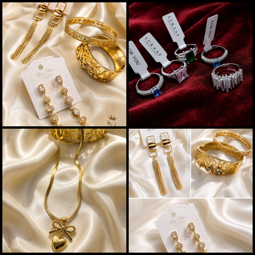 A curated grid of Lukaaf jewellery, materials, and studio moments